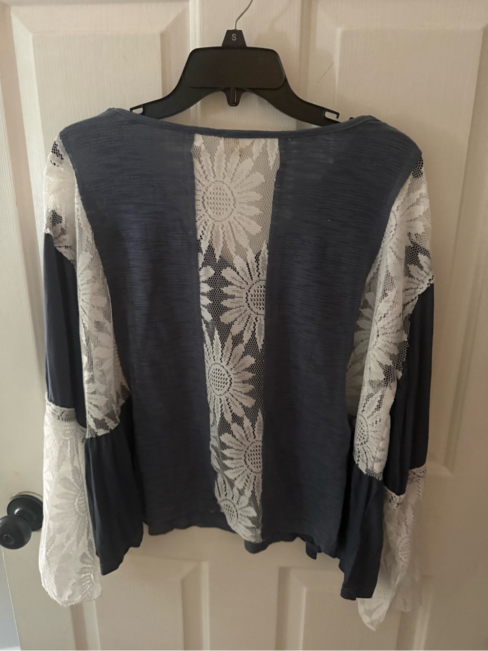 POL Navy Blue Top with White Floral Lace Panels